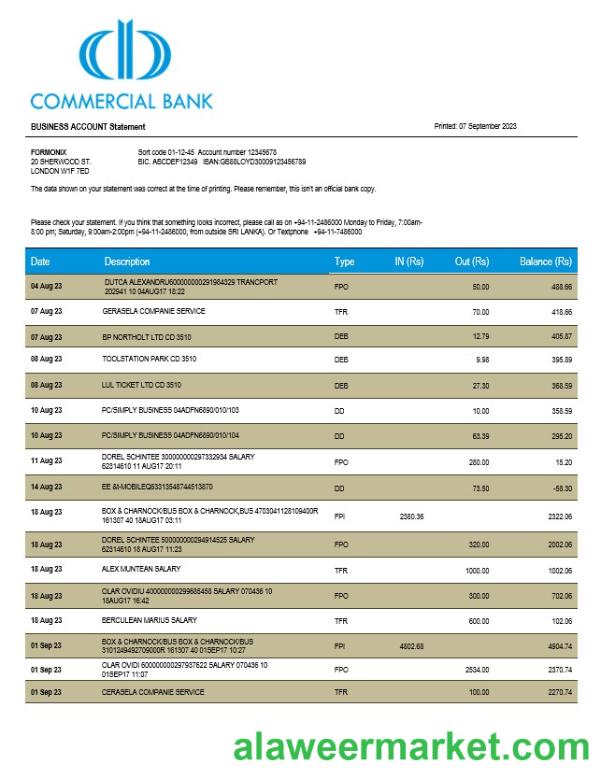 Commercial Bank firm statement Word and PDF template